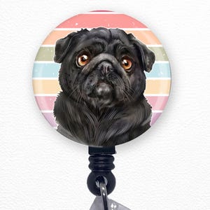 Pug Badge Reel, Squishy Face Pug, Retro Black Dog Retractable ID Holder