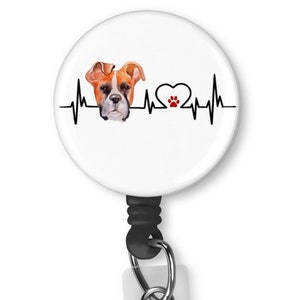 Boxer Dog Heartbeat EKG Heart line With Tiny Paw In The Heart  Badge Reel ID Holder