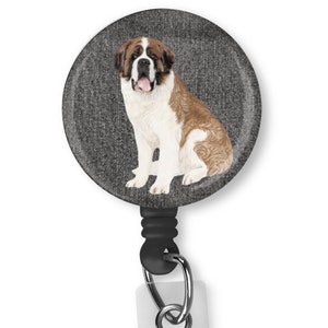 Saint Bernard Dog Badge Reel – Retractable ID with Faux Denim & Color Options