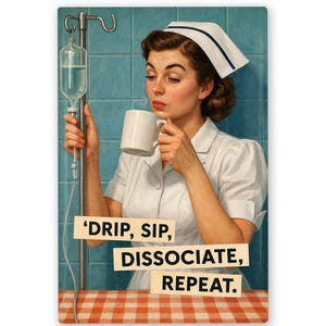 May include: A vintage-style print featuring a woman in a nurse's uniform and cap, holding a mug and an IV drip. The print has the text: 'DRIP, SIP, DISSOCIATE, REPEAT.' The background includes a blue tiled wall and a red and white checkered tablecloth.