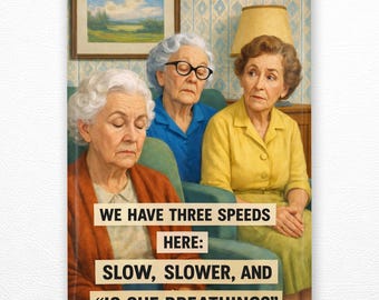 May include: A rectangular wall art print featuring three older individuals sitting in chairs. The text reads: WE HAVE THREE SPEEDS HERE: SLOW, SLOWER, AND "IS SHE BREATHING?". The individuals wear a rust-colored cardigan, a blue shirt, and a yellow shirt.
