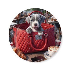 3.5&quot; Adorable Pit Bull Puppy in Red Handbag Round Magnet - Cute Dog Lover Gift, Fridge Decor