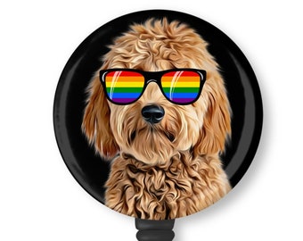 Cute Goldendoodle With Rainbow Sunglasses Retractable Badge Reel