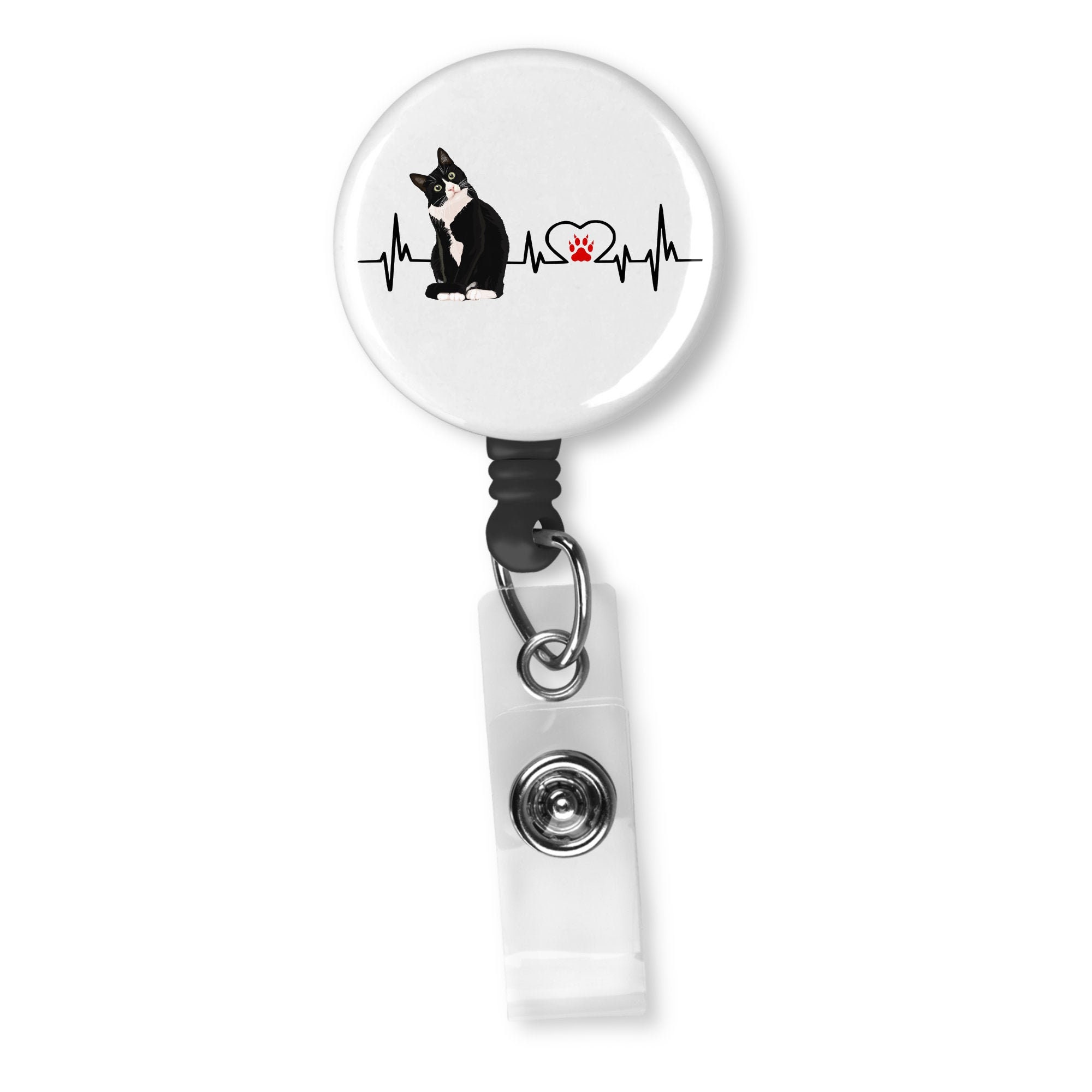 Black and White Cat EKG Heartline Heartbeat with Cat Claw Badge Reel ID Holder