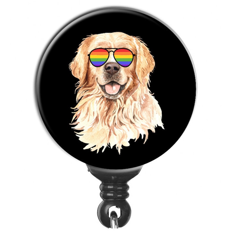 Golden Retriever With Rainbow Glasses LGBT Support Ally Retractable Badge Reel ID Holder