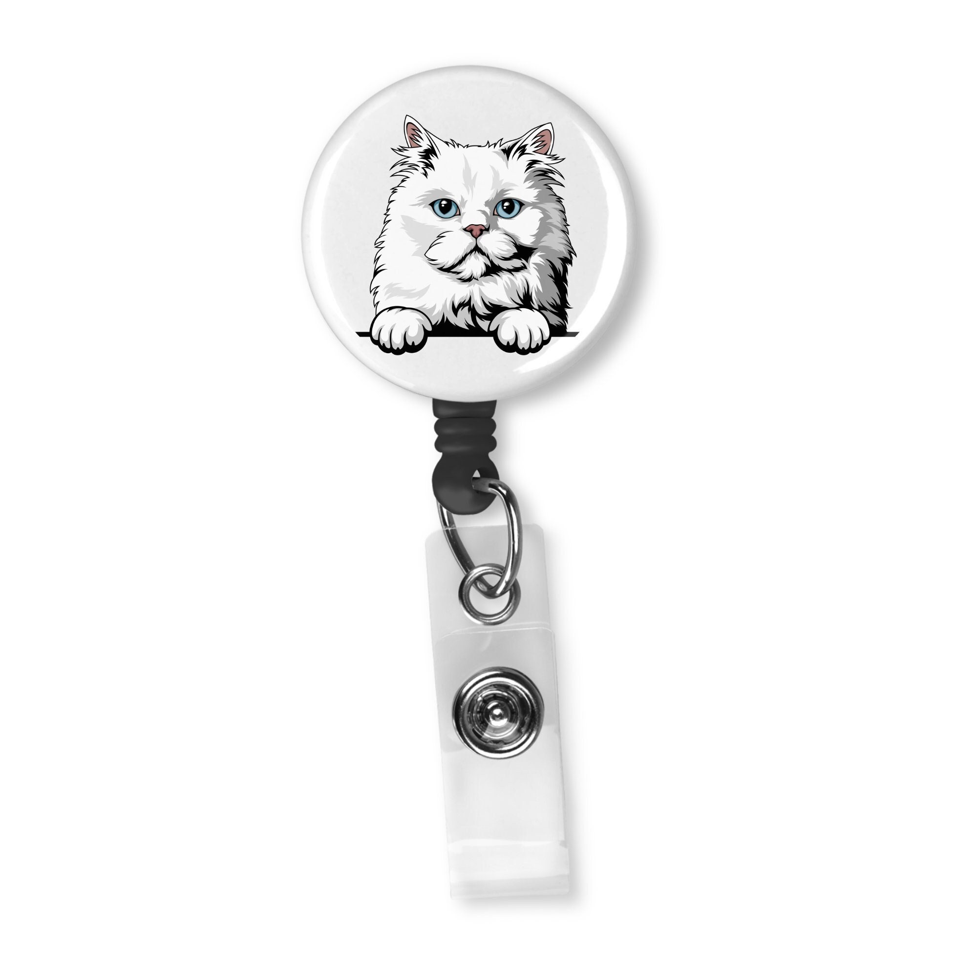 Peeking White Persian Cat Retractable Badge Reel ID Holder