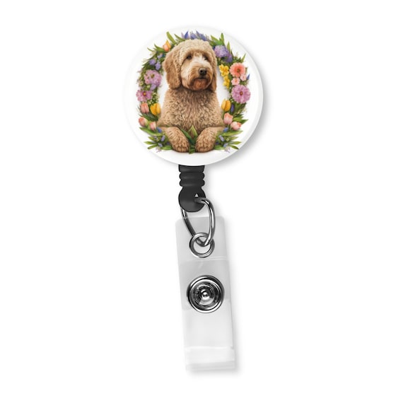 Goldendoodle Floral Wreath Badge Reel ID Holder Cute Dog Lover Gift 