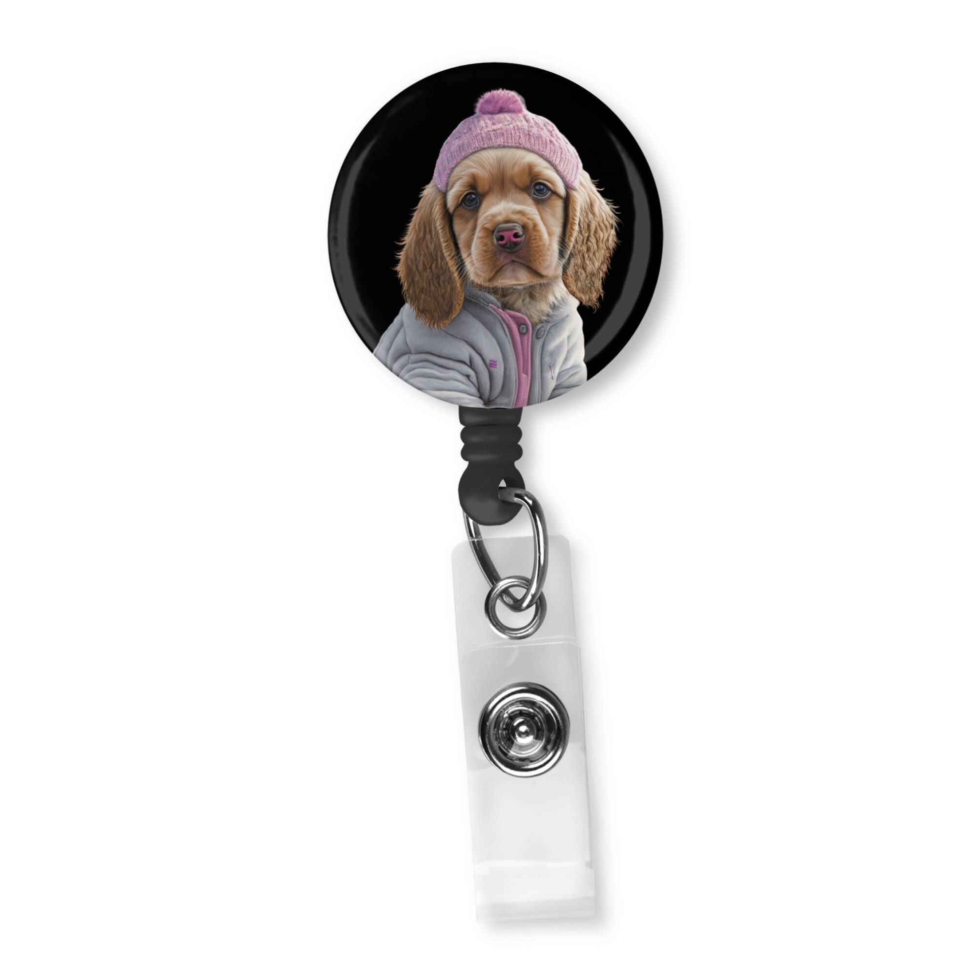 Adorable Golden Retriever Puppy in a Pink Knit Hat and Grey & Pink  Sweatshirt Badge Reel ID Holder