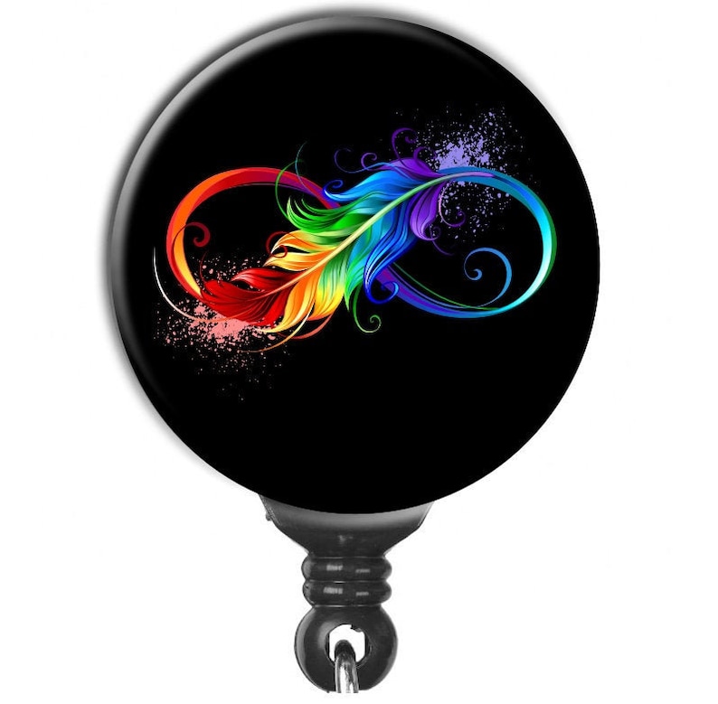 Infinity Symbol With Rainbow Feather Retractable Badge Reel ID Holder