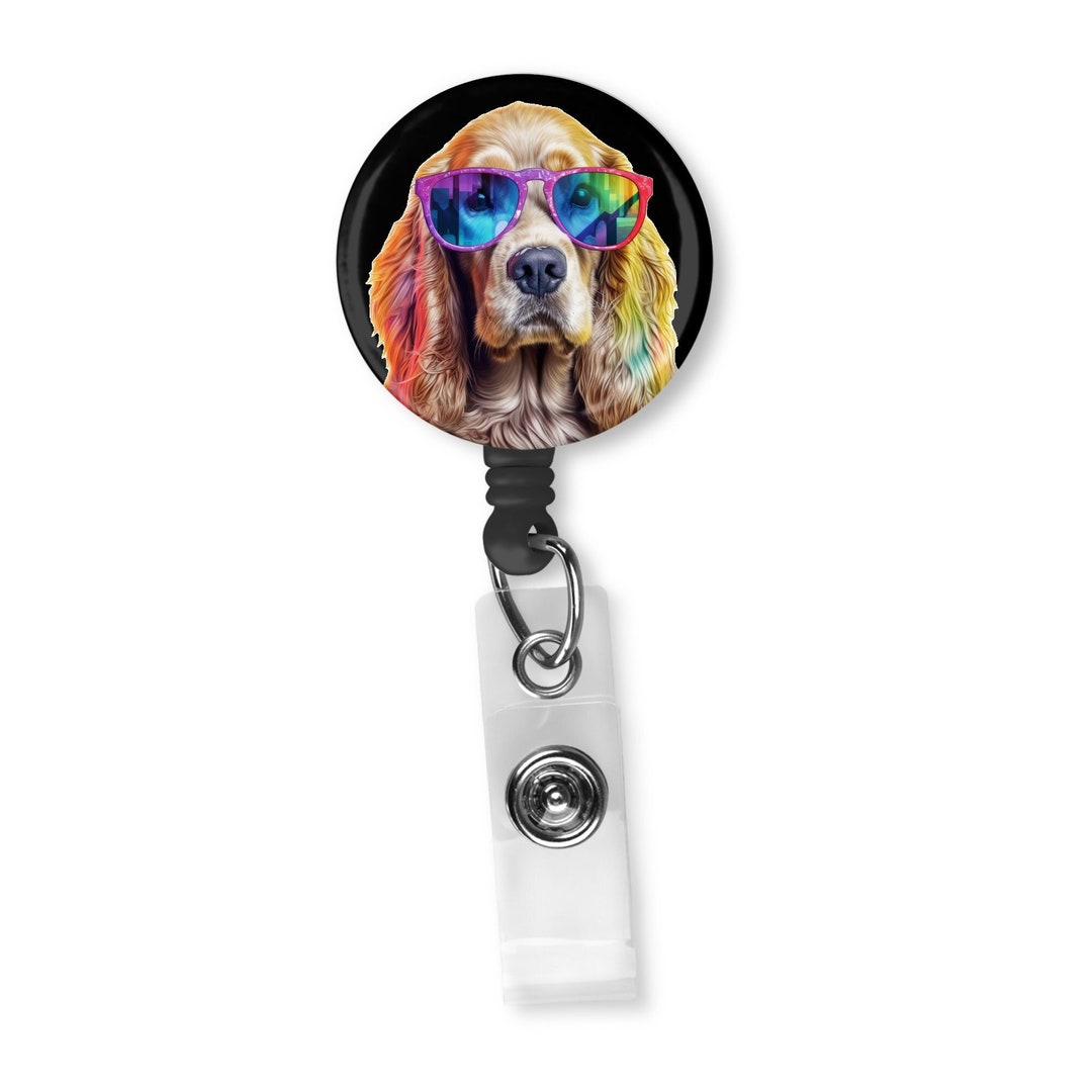 Beautiful Buff Cocker Spaniel Wearing Sunglasses Retractable Badge Reel