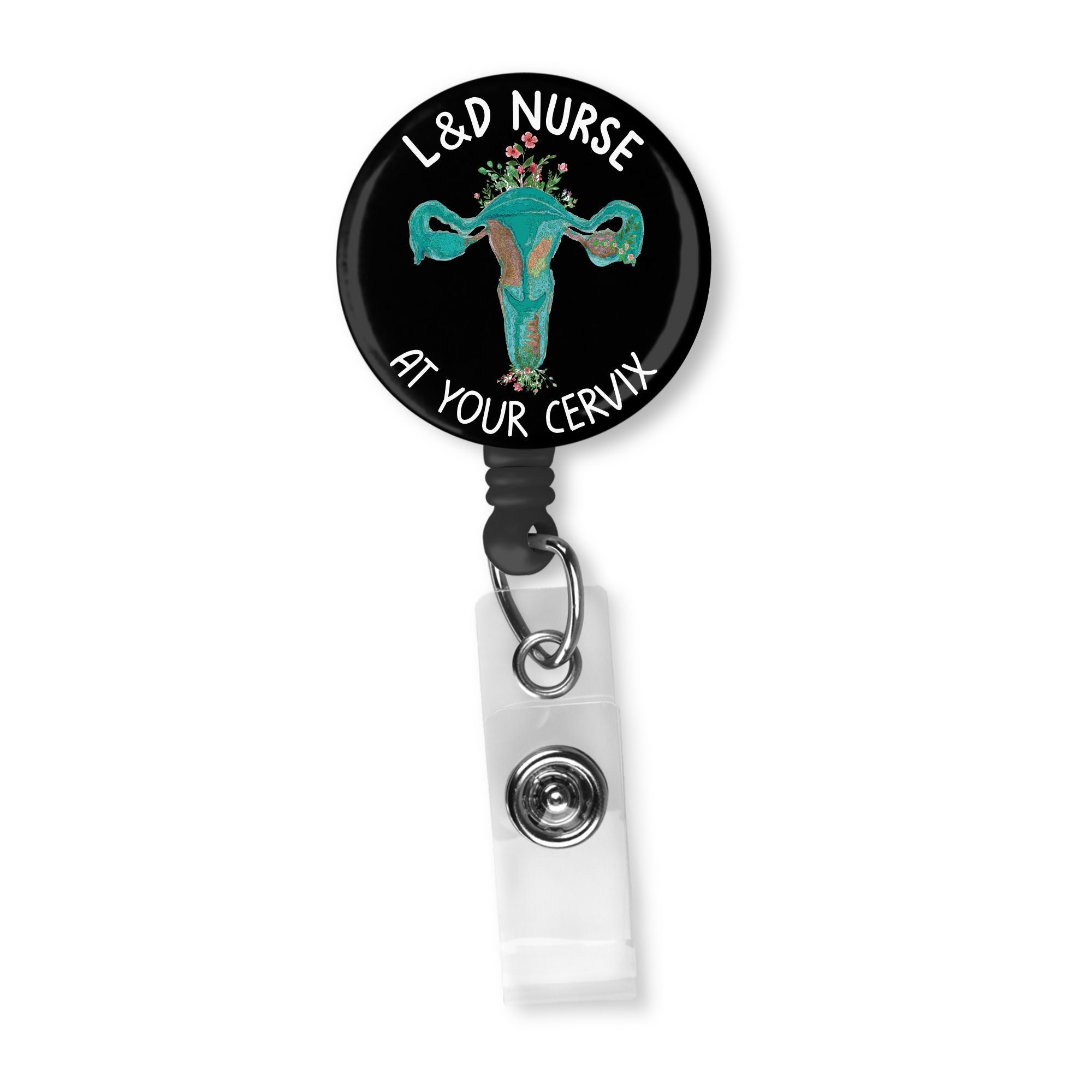 OB/GYN Personalized at Your Cervix Mint Stripes & Mint Glitter Chevron  Button Badge Reel Retractable Alligator or Slide Clip Funny 
