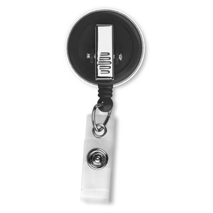 May include: A black retractable badge holder with a clear plastic badge clip. The badge holder has a black button and a silver clip.