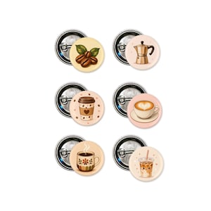 May include: A set of six circular pin-back buttons featuring coffee-themed illustrations. Designs include brown coffee beans, a moka pot, a paper coffee cup, a latte with heart art, a patterned mug with steam, and an iced coffee with a straw.