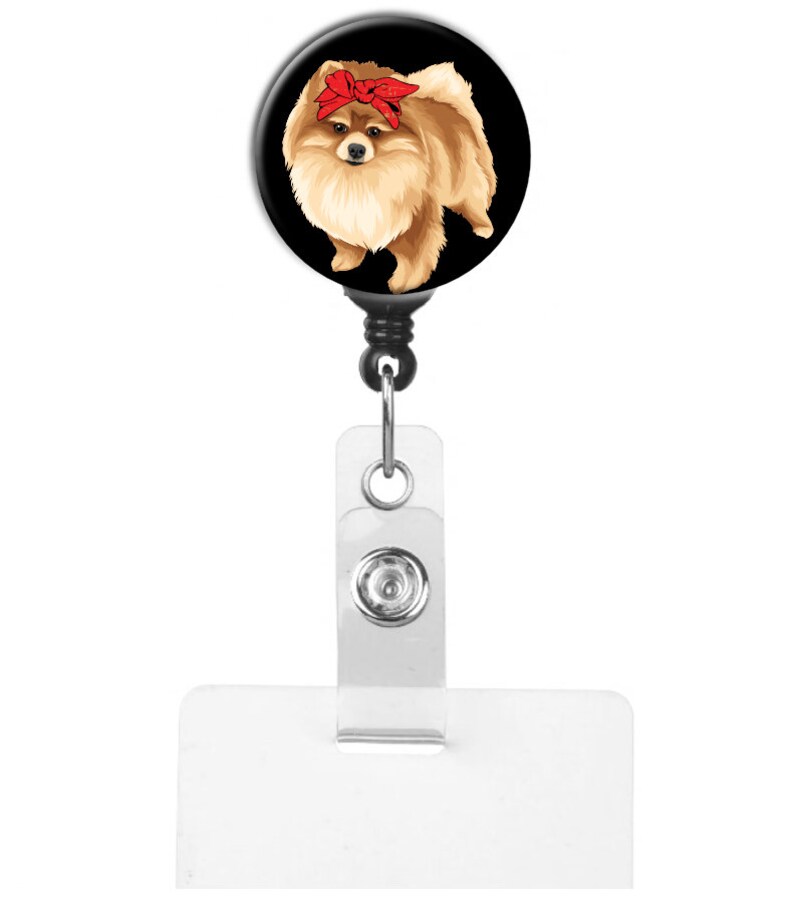 Pomeranian With Red Grunge Bow Badge Reel ID Holder