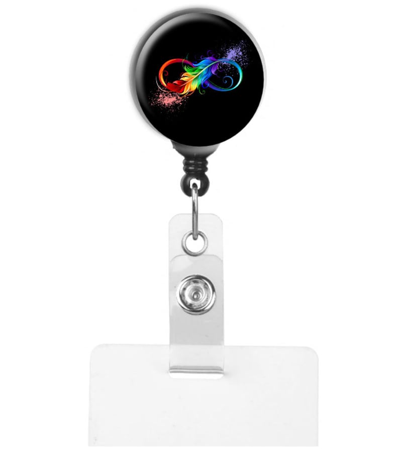Infinity Symbol With Rainbow Feather Retractable Badge Reel ID Holder