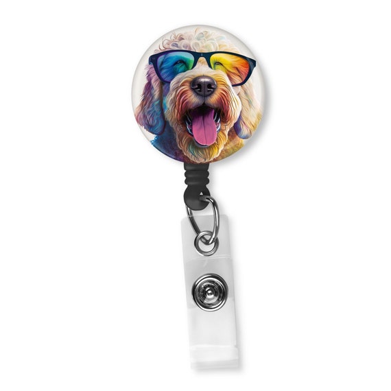 Laughing Goldendoodle With Rainbow Tinted Glasses Retractable Badge Reel ID  Holder 