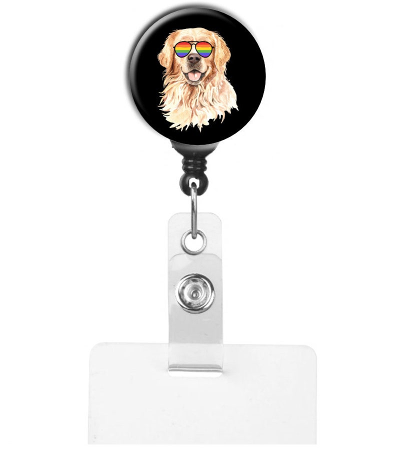 Golden Retriever With Rainbow Glasses LGBT Support Ally Retractable Badge Reel ID Holder