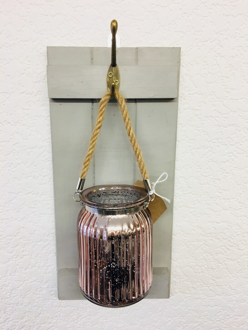 Rustic grey and rose gold wall hanging vase • wood hanging •glass vase •hanging jar •white hanger •candle holder• cottage decor • country • il 794xN 4gme