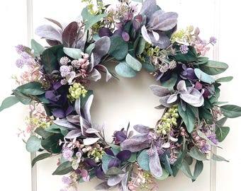 Large, Year-Round, All-Season Purple Lamb’s Ear Greenery Wreath. Everyday front door wreath. Purple farmhouse decor. Eucalyptus wreath