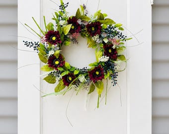 Moody Burgundy Sunflower Wreath with Berries – Summer to Fall Door Decor