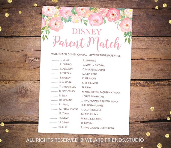 Disney Parent Match Game Printable Baby Shower Games Pink Etsy