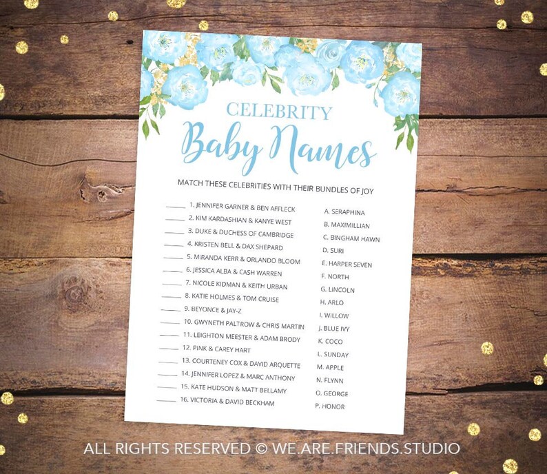 Blue Baby Shower Games Printable Baby Shower Games Celebrity Baby Names Game Blue Floral Baby Shower 002 Blue Peony Baby Shower
