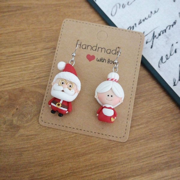 Boucle d'oreille, boucles d'oreilles noel maman et père noel en acier inoxydable hypoallergénique, kawaii, mignon