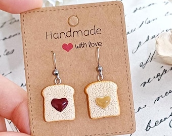 Toast with jam and peanut butter Miniature Food Earrings - Normal - Heart - Christmas - toast - Fimo - Food - peanut butter - charm