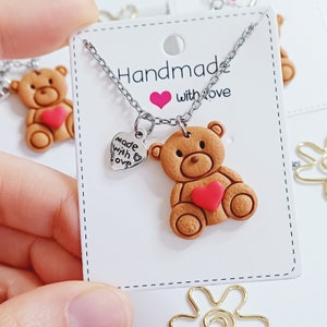 Fimo Teddy Bear Red Heart Necklace Valentine&#39;s Day, Romantic Love Day Necklace for Her, Gift for Wife Mom Daughter Woman, Stainless Steel
