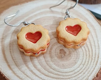 Biscuit Jam Earrings Miniature Food - Normal - Heart - Christmas - Biscuit - Fimo - Food - Linzer cookies - charm