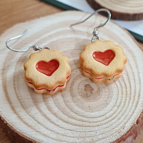 Biscuit Jam Earrings Miniature Food - Normal - Heart - Christmas - Biscuit - Fimo - Food - Linzer cookies - charm
