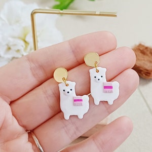 Light earrings summer lama white and pink, elegant gold jewelry refined woman, cartilage earrings stainless steel fimo handmade summer