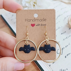 Orecchini pipistrello halloween, orecchini pendenti polymerclay, gold earrings acciaio inox, gift for kids,  gift for christmas