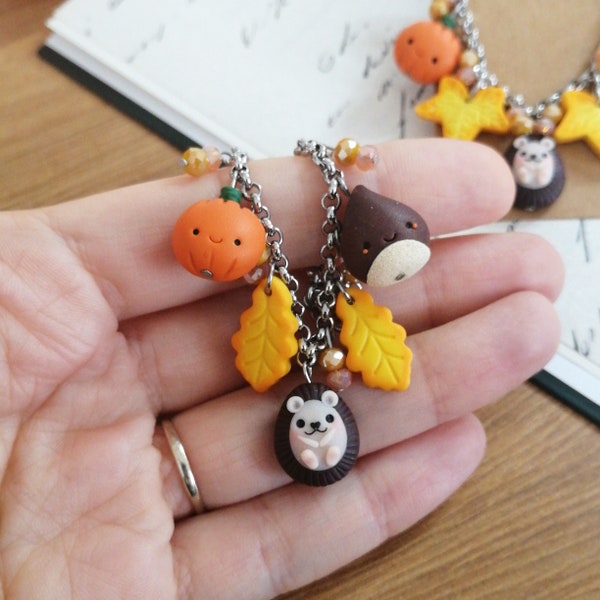 Bracelet Halloween automne en pâte polymère, fait main, miniatures fimo, idées noël, idée cadeau, animaux