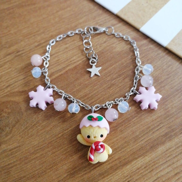 Bracelet de Noël pain d'épices kawaii en pâte polymère, fait main, miniatures fimo, idées noël, idée cadeau, livraison rapide