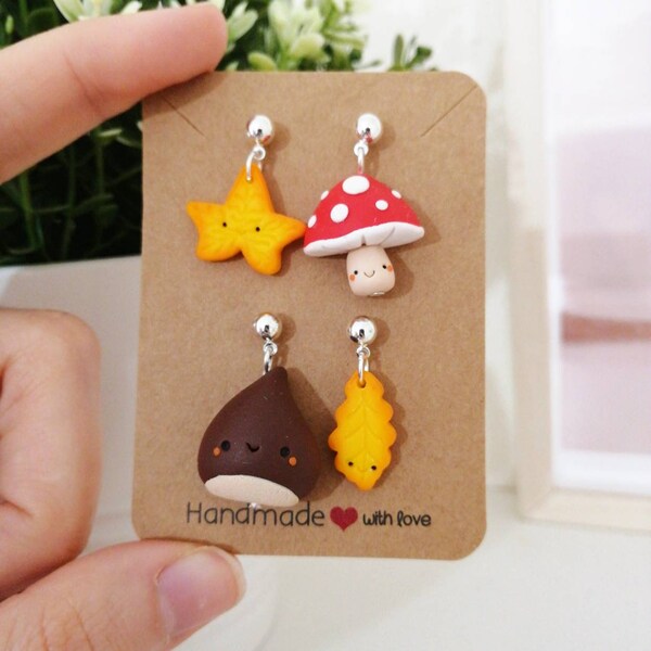 Earring, kawaii autumn silver earrings in polymer clay, handmade, fimo miniatures