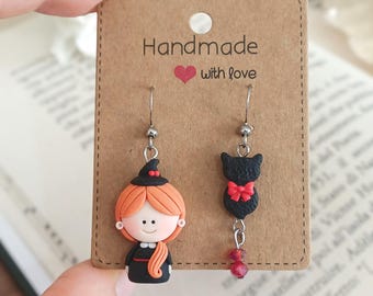 Halloween Witch Earrings in Polymer Clay – Red Witch with Black Cat
