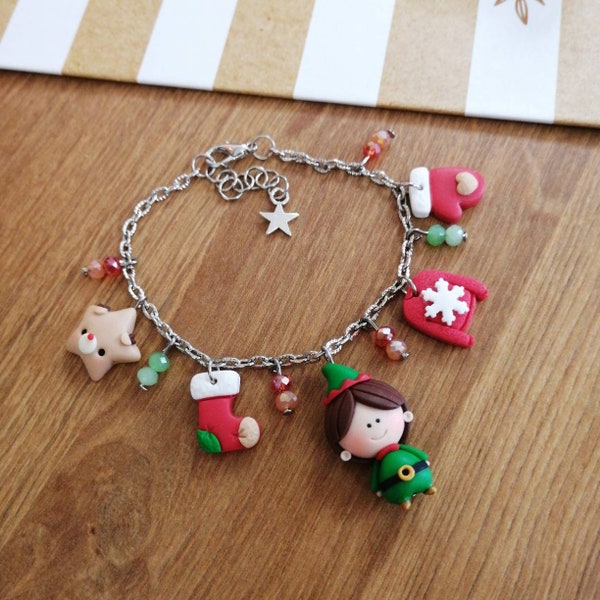 Kawaii Christmas elf bracelet in polymer clay, handmade, fimo miniature, Christmas ideas, gift idea, ready for delivery
