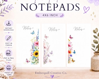 Watercolor Floral Butterfly Notepad Templates (4x6 Inch) (Digital Download)