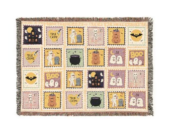 Halloween Throw Blankets Oversized, Woven Blanket With Spooky Ghosts and Cauldron Icons, Autumn Decor