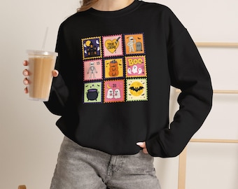 Halloween Patchwork Crewneck Sweatshirt | Spooky Stamps Graphic