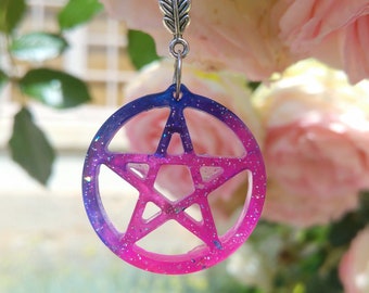 Bi pride glitter pentacle resin pendant, pentagram goth witch jewelry, satanic necklace