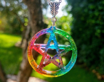 Lgbt pride glitter pentacle resin pendant, rainbow pentagram, witch jewelry