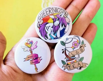 Lgbt button, gay pride rainbow pin, queer illustration, LGBTQ, unicorn, magical girl