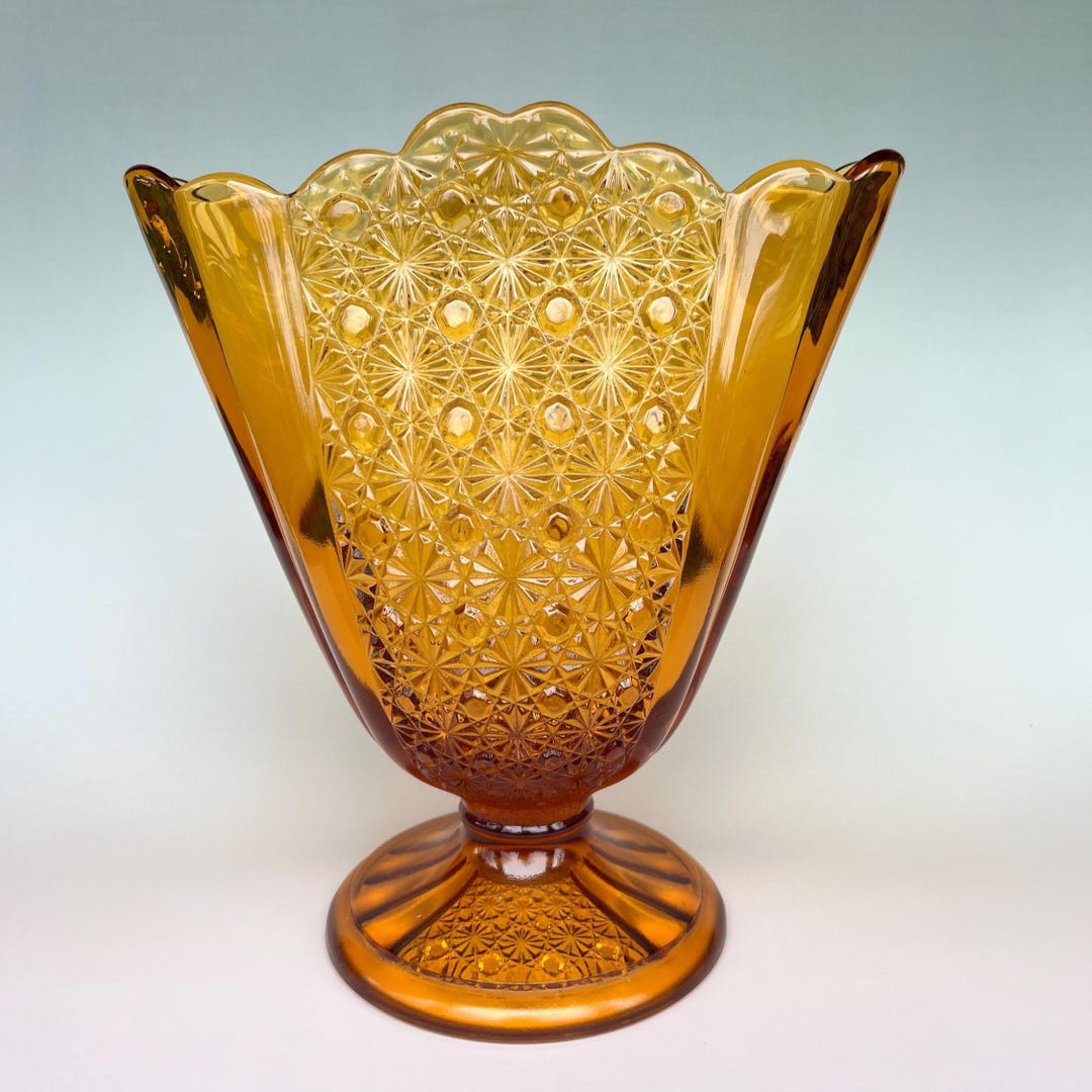 1970s Fenton Amber Glass Daisy & Button Fan Vintage Vase