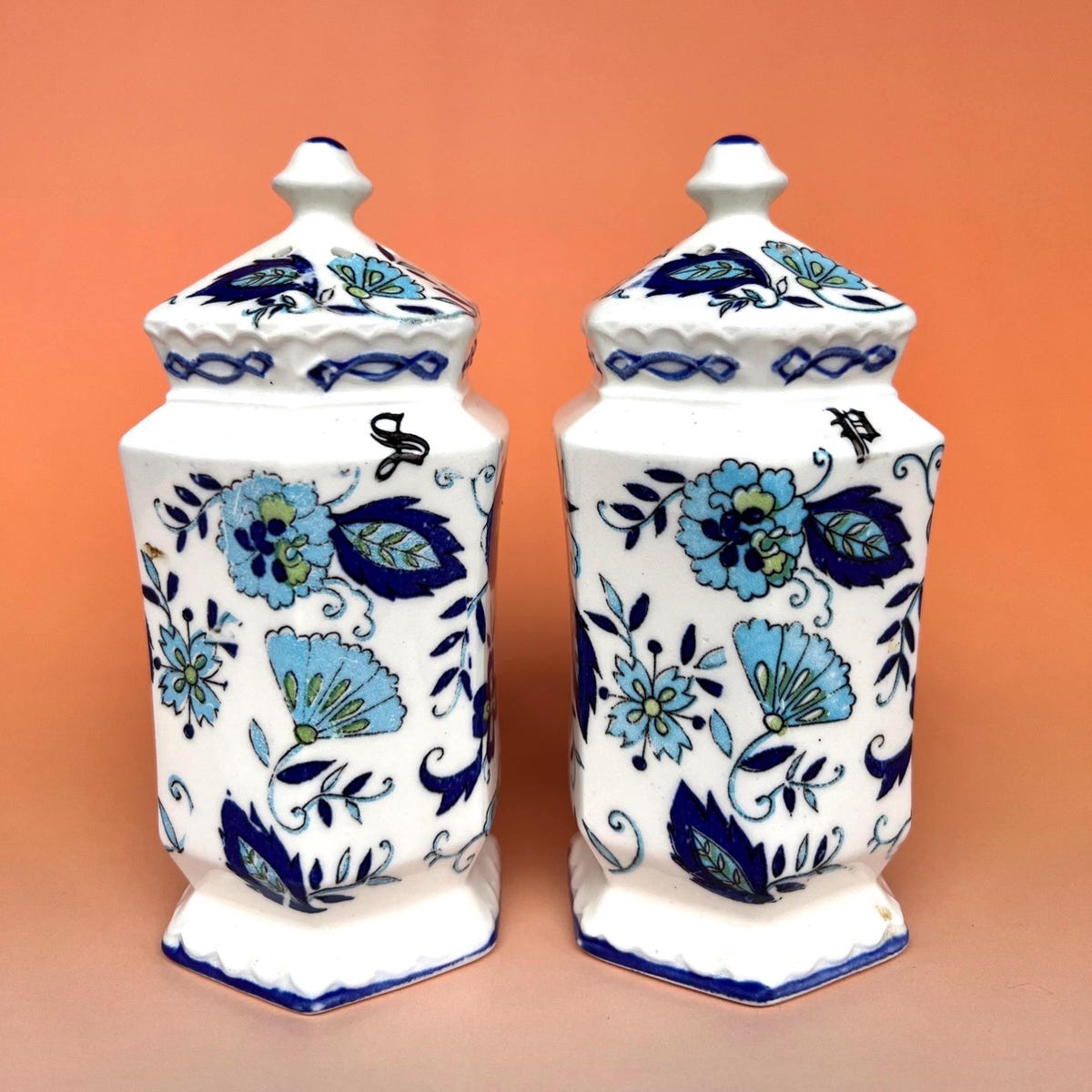 1960s Ironstone Mann Import Blue Heirloom Hand Painted Vintage Floral Salt & Pepper Shakers