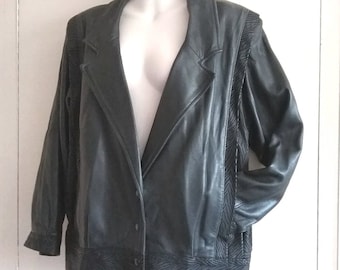 Ladies 80s classic oversize blazer bomber leather coat, Adult oversize boho slouchy baggy Vintage Black Leather jacket, retro clothing