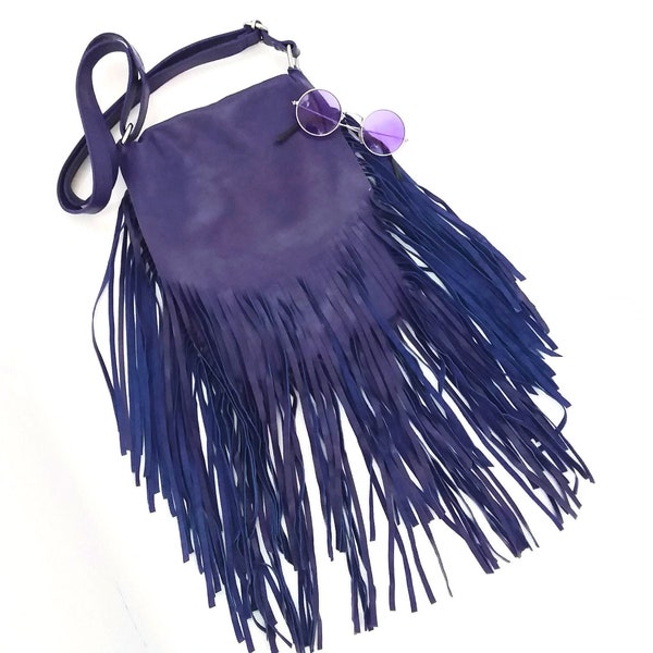 Purple leather fringed bag with long strap, crossbody boho bag, medium size tassel purse bag, festival fashion accessories, gift for female