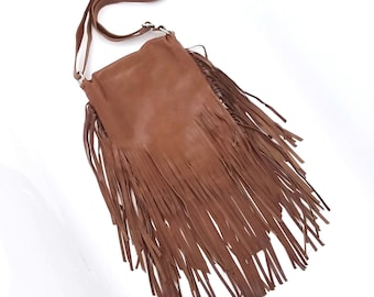 Leather Fringed Boho tassel crossbody purse, brown Distressed leather bag for female, long strap bohemian Hippie Shoulder festival bag