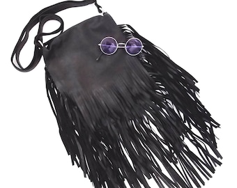 Crossbody Leather fringed Black bag, medium size black tassel purse bags, long strap boho bag, festival fashion for women and Teenagers